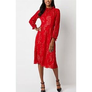 Liz Claiborne Red‎ Metallic Floral Mock Neck Long Sleeve Midi Dress 16
